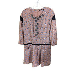 BASIC HOUSE Womens S Unique Dress Tan Car Print Jewel Rhinestone Front Pockets